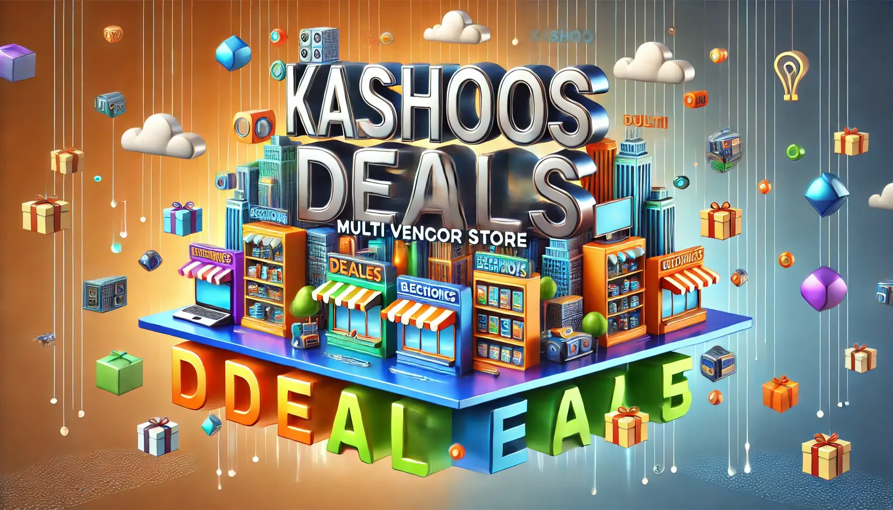 DALL·E 2024-10-03 23.11.14 - A vibrant 3D banner for 'KASHOOS DEALS MULTI VENDOR STORE'. The text 'KASHOOS DEALS' appears in bold, glossy metallic letters, standing out in the cen (1)